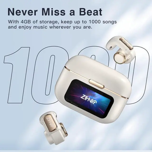 Alt view image 7 of 7 - ZIHNIC Clip on Earbuds Open Ear Wireless Bluetooth 5.4 Headphones with Mic,Noise Cancelling,Waterproof, Smart LED Touch Screen,Comfortable Glasses Wearers,Workouts -Beige