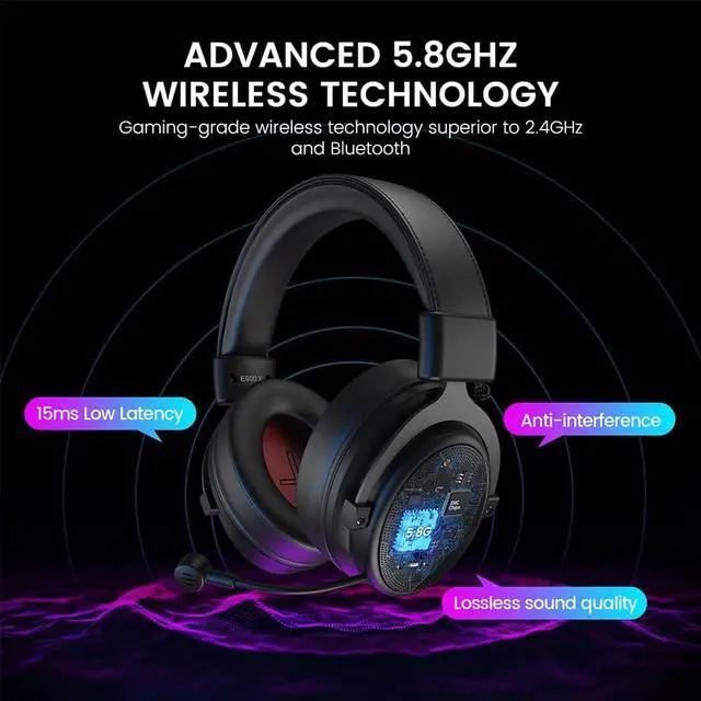 Alt view image 2 of 7 - E900X 5.8G Wireless Gaming Headset for PC PS4, PS5, Computer, Laptop - Dual Mic ENC Call Noise Cancelling Headphones with Micphone - 7.1 Srround Sound - Over Ear Headphones for TV, Music, Meeting