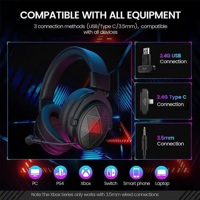 Alt view image 5 of 7 - E900X 5.8G Wireless Gaming Headset for PC PS4, PS5, Computer, Laptop - Dual Mic ENC Call Noise Cancelling Headphones with Micphone - 7.1 Srround Sound - Over Ear Headphones for TV, Music, Meeting