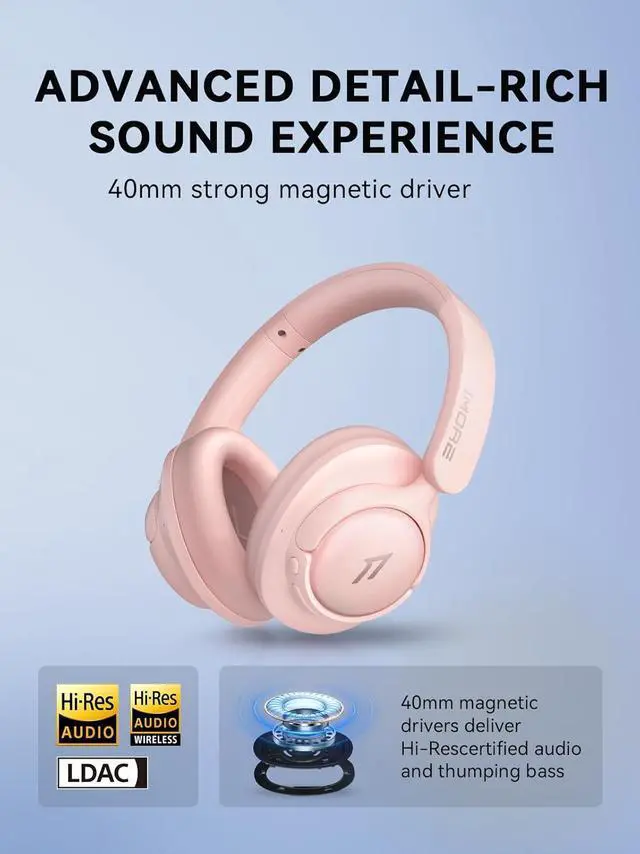 Alt view image 2 of 7 - 1MORE SonoFlow SE HQ31 Wireless Bluetooth Headphones -42dB Noise Cancelling Over-Ear Bluetooth Headset with Hi-Res Audio, 90H Playtime, LDAC, All-Day Comfort for Travel Work Gaming, Pink