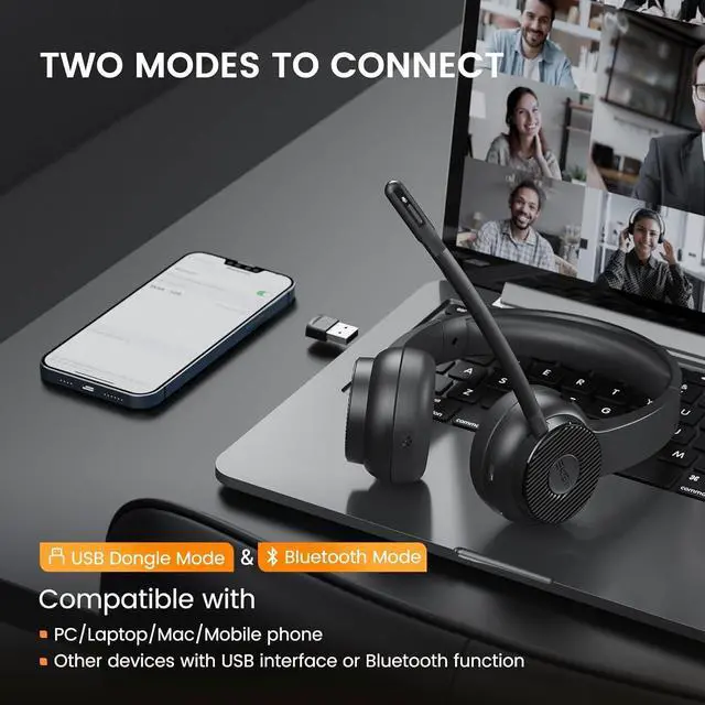 Alt view image 3 of 7 - EKSA H16 Wireless Headset with AI Noise Cancelling Microphone, Bluetooth V5.2 Headphones with 2.4G USB Dongle & Mic Mute, 55Hours Playtime for Computer/Laptop/PC