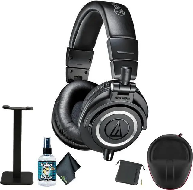 Main image of Audio-Technica ATH-M50x Professional Studio Monitor Headphones, Black + Microfiber Cleaning Cloth + Headphone Stand + Headphone CASE + Goby Labs Headphone Cleaner 4 fl oz