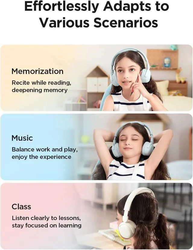 Alt view image 7 of 7 - 1MORE Kids Bluetooth Wireless Headphones - HQ20 SonoFlow Mini Over Ear Headphones, Safe Volume, 65H Playtime, Foldable&Comfortable, Microphone for Call, Android and iOS Compatible(Blue)