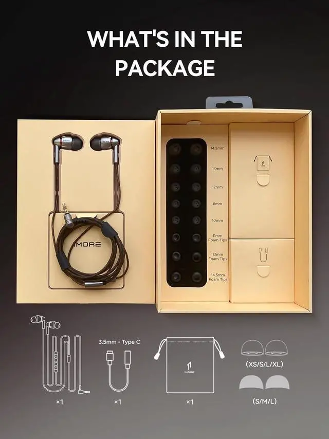 Alt view image 7 of 7 - 1MORE in-Ear Headphones Hi-Res Audio, Quad Driver Wired Earbuds with 3.5mm Jack, Deep Bass Stereo Sound, Built-in Microphone/Remote, 8 Ergonomic Fit Ear Tips, Tangle-Free Cable, Silver/Gray