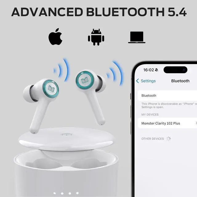 Alt view image 6 of 7 - Monster Clarity 102 Plus Wireless Earbuds, Bluetooth Headphones with HiFi Stereo, 4 ENC Mic for Crystal Clear Call, 30H Playtime, Type-C Charging, IPX6 Waterproof in-Ear Ear Buds for Sports (White)