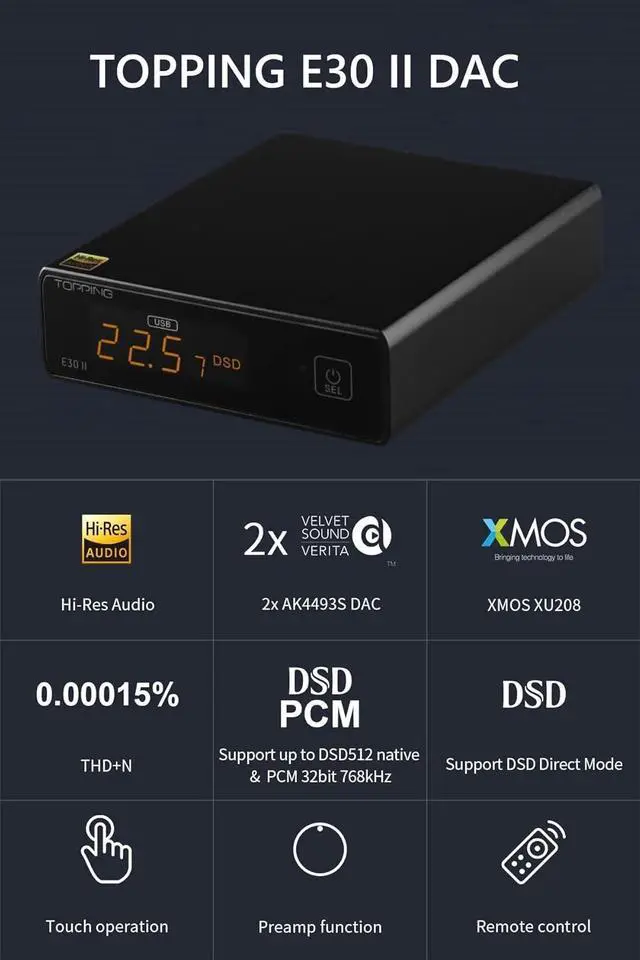 Alt view image 3 of 7 - TOPPING E30 II DAC  Dual AK4493S Chips, Hi-Res Audio, USB/Optical/Coaxial Inputs, Ultra-Low Noise Power Supply, PCM & DSD Decoding, Auto On/Off, Preamp Mode & Remote Control (E30 II - Black)