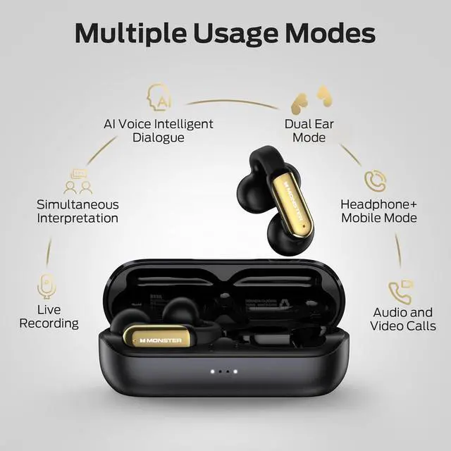 Alt view image 3 of 7 - Monster AI Translation Earbuds Open AC601, 3-in-1 Translator Wireless Earphones, Bluetooth 6.0 Open Earbuds with 115 Languages Translation, Real-Time AI & Touch Control Wireless Headphone (Black)