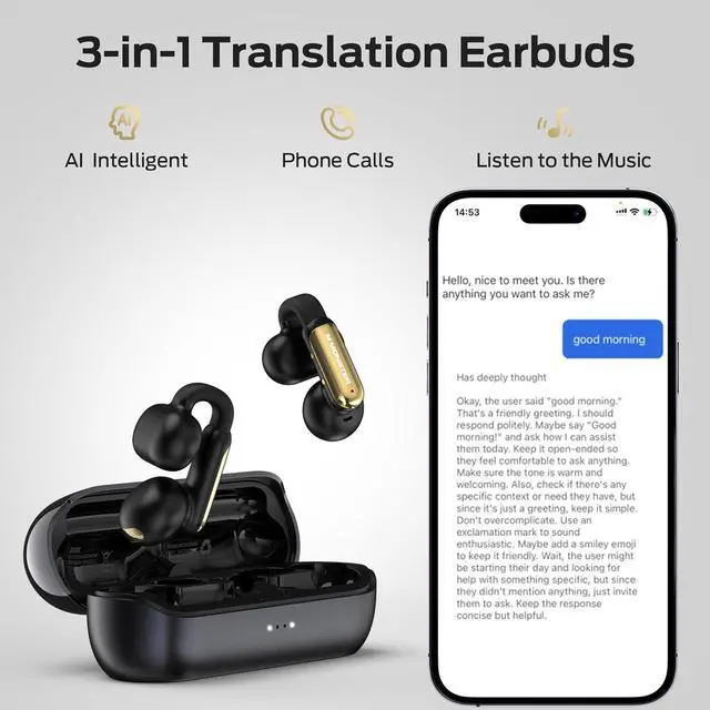 Alt view image 5 of 7 - Monster AI Translation Earbuds Open AC601, 3-in-1 Translator Wireless Earphones, Bluetooth 6.0 Open Earbuds with 115 Languages Translation, Real-Time AI & Touch Control Wireless Headphone (Black)
