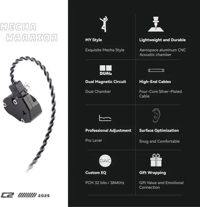Alt view image 7 of 7 - TINHIFI C2 HiFi IEM | LCP+PU Composite Diaphragm | 0.78mm 2-Pin Gold-Plated Cable | High-Resolution in-Ear Monitors for FPS Gaming & Music (Gun Color, C2 2025 3.5MM+Mic)