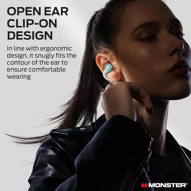 Alt view image 7 of 7 - Monster Open Ear AC600 Headphones, Bluetooth 5.4 Wireless Earbuds with HiFi Stereo, Clip-On Earbuds with ENC Clear Call, 21H Playtime, Touch Control, IPX6 Waterproof Wireless Headphones for Workout