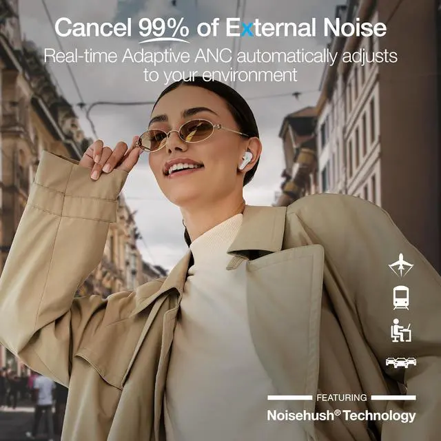 Alt view image 3 of 7 - Naztech Xpods Pro ANC True Wireless Earbuds - Bluetooth 5.4 Noise Cancelling with 4X Voice-Isolating Mics, IPX5 Waterproof, LED Display, Wireless Charging Case, Bluetooth Earbuds - White