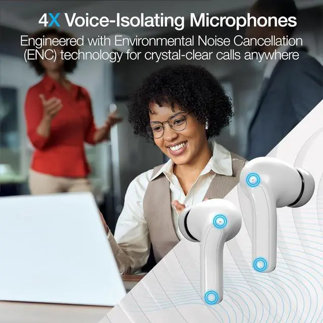 Alt view image 6 of 7 - Naztech Xpods Pro ANC True Wireless Earbuds - Bluetooth 5.4 Noise Cancelling with 4X Voice-Isolating Mics, IPX5 Waterproof, LED Display, Wireless Charging Case, Bluetooth Earbuds - White