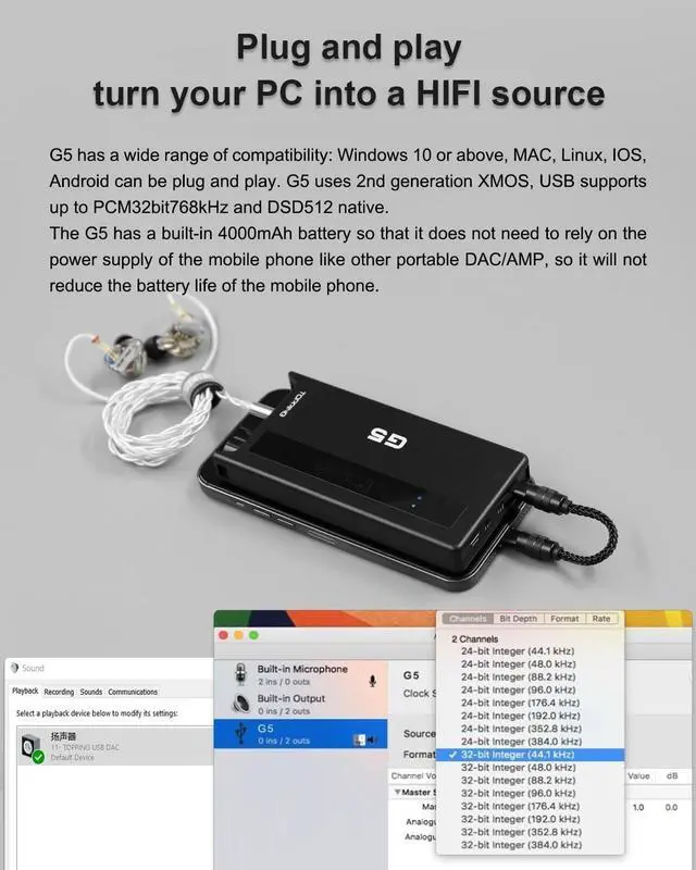 Alt view image 5 of 7 - TOPPING G5 Hi-Res Portable DAC and Headphone Amplifier  USB, Bluetooth LDAC, NFCA Amp, ES9068AS DAC, Up to 1200mW Output, for IEMs & High-Impedance Headphones (Black)