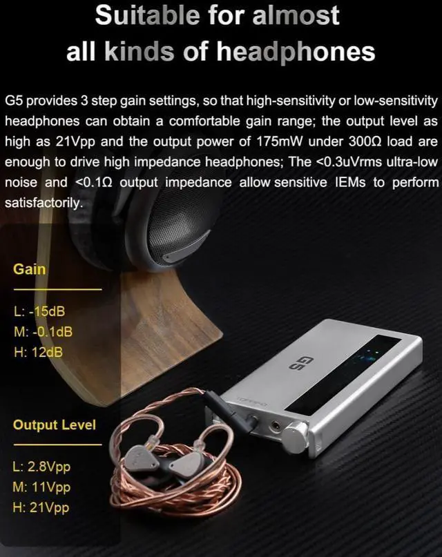 Alt view image 6 of 7 - TOPPING G5 Hi-Res Portable DAC and Headphone Amplifier  USB, Bluetooth LDAC, NFCA Amp, ES9068AS DAC, Up to 1200mW Output, for IEMs & High-Impedance Headphones (Black)