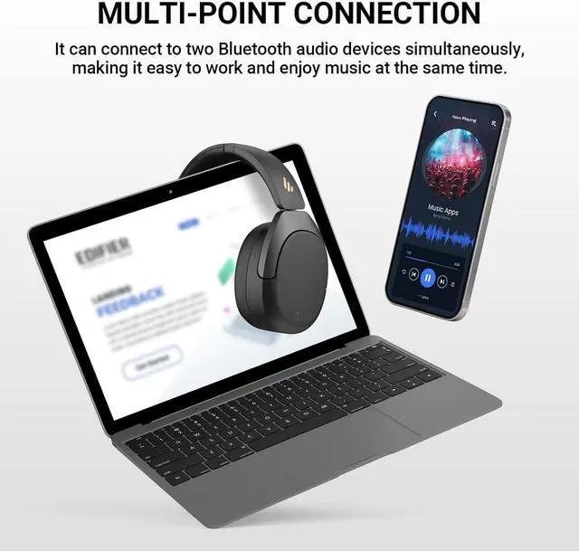 Alt view image 7 of 7 - Edifier W830NB Active Noise Cancelling Wireless Over-Ear Headphones, Foldable Lightweight Bluetooth Headset with Hi-Res Audio, Dual Device Connection, 94 Hours Playtime Fast Charging - White
