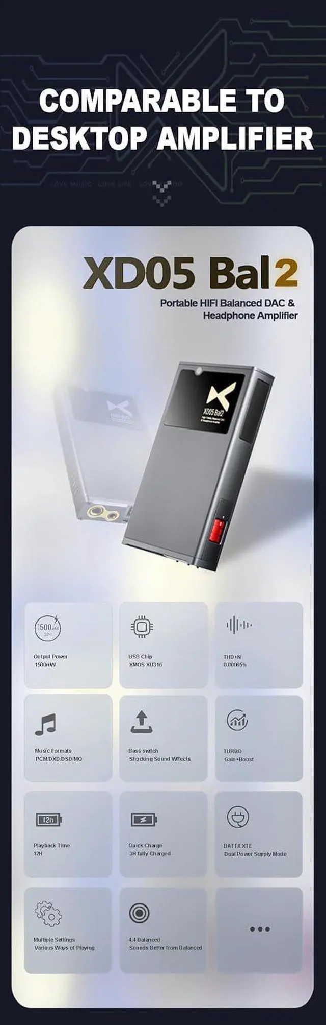 Alt view image 2 of 7 - XDUOO XD05 BAL2 Portable Balanced DAC Headphone Amplifier Bluetooth 5.1 4.4 Balanced USB XMOS XU316 AMP Decoder