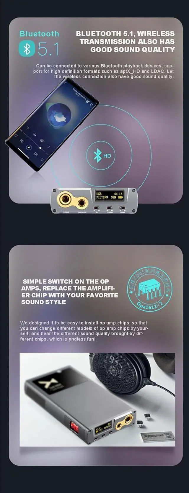 Alt view image 6 of 7 - XDUOO XD05 BAL2 Portable Balanced DAC Headphone Amplifier Bluetooth 5.1 4.4 Balanced USB XMOS XU316 AMP Decoder