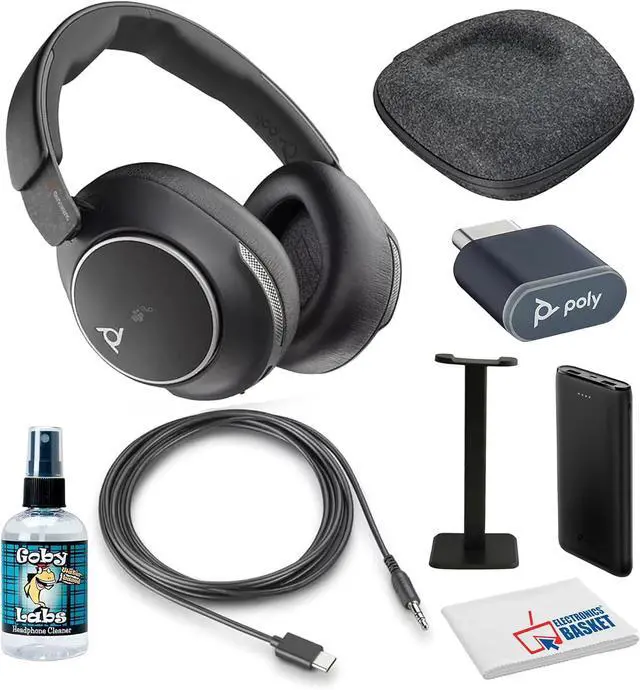 Main image of Poly (Plantronics Voyager Surround 80 UC Noise-Canceling Wireless Over-Ear Headset (8G7T9AA) Bundle Including: P-Bank Battery, Goby Labs Headphone Cleaner, Headphone Stand, Fiber Cloth