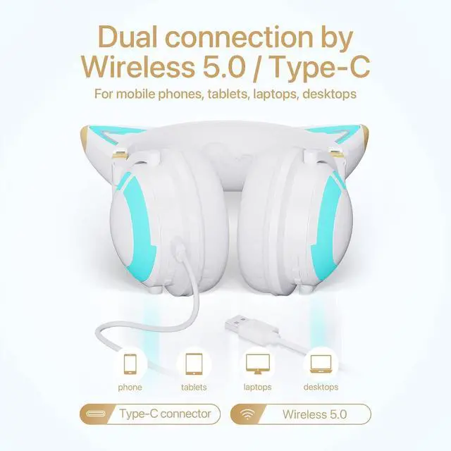 Alt view image 3 of 7 - YOWU Cat Ear Headphones 3G, RGB Wireless/Wired 5.0 Foldable Gaming Headset with 7.1 Surround Sound, Built-in Mic & Customizable Lighting and Effect via APP(White)