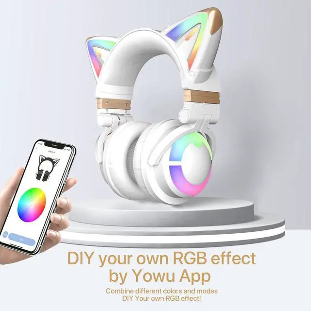 Alt view image 6 of 7 - YOWU Cat Ear Headphones 3G, RGB Wireless/Wired 5.0 Foldable Gaming Headset with 7.1 Surround Sound, Built-in Mic & Customizable Lighting and Effect via APP(White)
