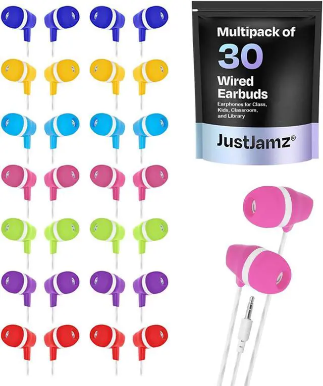 Alt view image 5 of 7 - JustJamz 130-Pack Bulk Wired Earbuds Bundle: 100 Bits Colorful Earphones + 30 Bubbles Multicolor Headphones | Disposable Wired Headphones for Schools, Classrooms, Libraries, and Kids