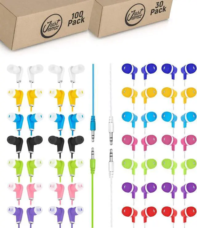 Main image of JustJamz 130-Pack Bulk Wired Earbuds Bundle: 100 Bits Colorful Earphones + 30 Bubbles Multicolor Headphones | Disposable Wired Headphones for Schools, Classrooms, Libraries, and Kids