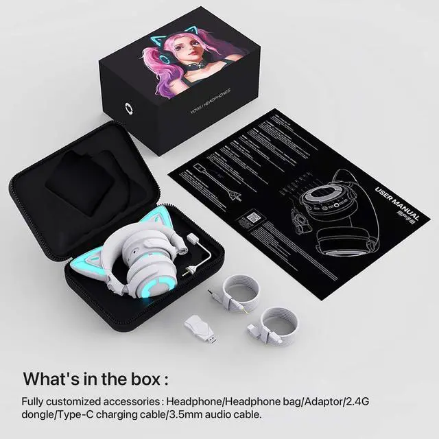 Alt view image 6 of 6 - YOWU Cat Ear Headphones 4GS - RGB Gaming Headset with Mic & 2.4G USB/Type C Dongle for PC/PS4/PS5/XBOX/Switch, Wired/Wireless Bluetooth Headphones(White)