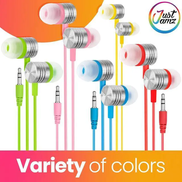 Alt view image 5 of 7 - JustJamz 80 Bulk Wired Earbuds | 30x Jelly Matte Multicolor & 50x Pearl White in-Ear Headphones | Ear Buds for Classroom, School, Students, Libraries | Disposable Headphones Earbuds for Kids & Adults