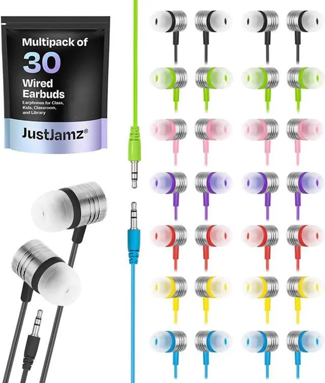 Alt view image 2 of 7 - JustJamz 80 Bulk Wired Earbuds | 30x Jelly Matte Multicolor & 50x Pearl White in-Ear Headphones | Ear Buds for Classroom, School, Students, Libraries | Disposable Headphones Earbuds for Kids & Adults