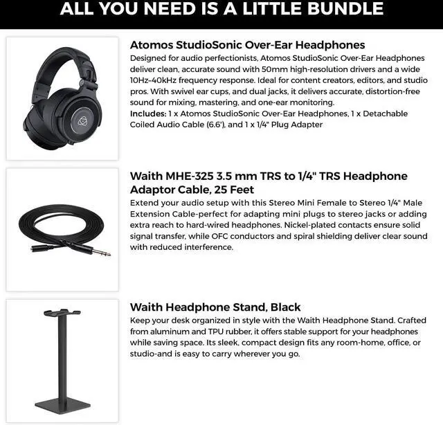 Alt view image 2 of 5 - Atomos StudioSonic Professional Over-Ear Headphones (Black) | Passive Noise Isolation with MHE-325 3.5mm TRS to 1/4" TRS Headphone Adaptor Cable, 25 FT and Headphone Stand (Black) Essential Bundle Set