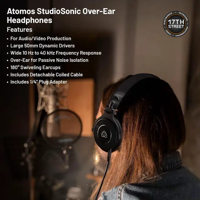 Alt view image 3 of 5 - Atomos StudioSonic Professional Over-Ear Headphones (Black) | Passive Noise Isolation with MHE-325 3.5mm TRS to 1/4" TRS Headphone Adaptor Cable, 25 FT and Headphone Stand (Black) Essential Bundle Set