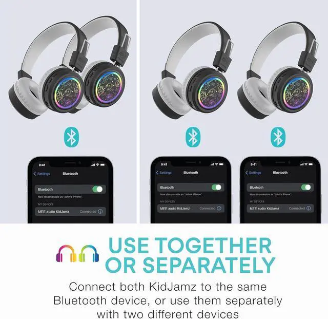 Alt view image 3 of 7 - MEE audio 2-Pack of KidJamz Bluetooth Wireless Headphones for Kids w/Multipoint, LED Lights, 85dB Volume Limit, Microphone, 40h Battery; Childrens Headset for School/iPhone/Tablet (KJ55BT-S, 2 Pack)