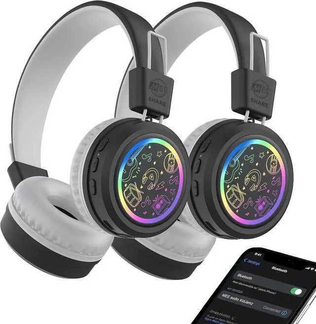 Main image of MEE audio 2-Pack of KidJamz Bluetooth Wireless Headphones for Kids w/Multipoint, LED Lights, 85dB Volume Limit, Microphone, 40h Battery; Childrens Headset for School/iPhone/Tablet (KJ55BT-S, 2 Pack)