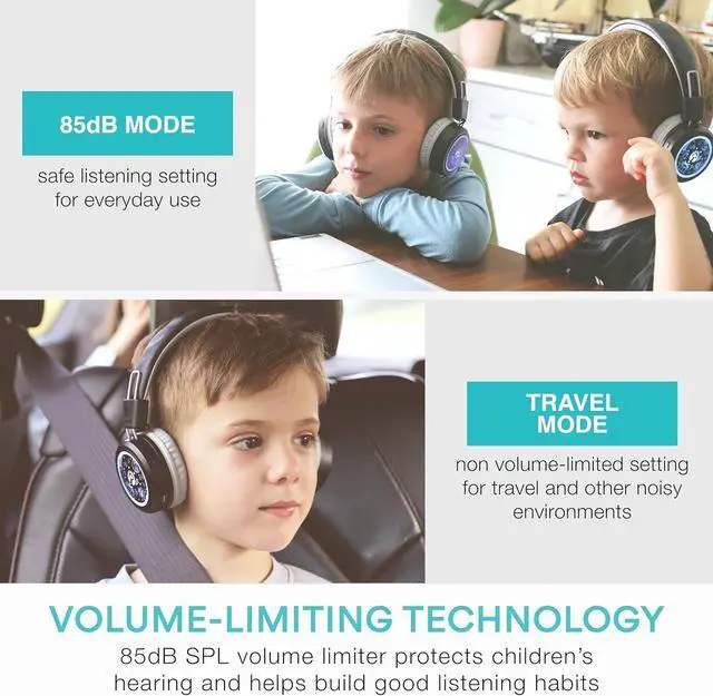 Alt view image 4 of 7 - MEE audio 2-Pack of KidJamz Bluetooth Wireless Headphones for Kids w/Multipoint, LED Lights, 85dB Volume Limit, Microphone, 40h Battery; Childrens Headset for School/iPhone/Tablet (KJ55BT-S, 2 Pack)