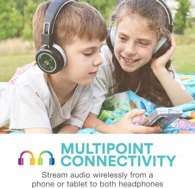 Alt view image 2 of 7 - MEE audio 2-Pack of KidJamz Bluetooth Wireless Headphones for Kids w/Multipoint, LED Lights, 85dB Volume Limit, Microphone, 40h Battery; Childrens Headset for School/iPhone/Tablet (KJ55BT-S, 2 Pack)