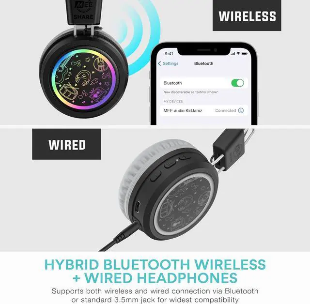 Alt view image 7 of 7 - MEE audio 2-Pack of KidJamz Bluetooth Wireless Headphones for Kids w/Multipoint, LED Lights, 85dB Volume Limit, Microphone, 40h Battery; Childrens Headset for School/iPhone/Tablet (KJ55BT-S, 2 Pack)