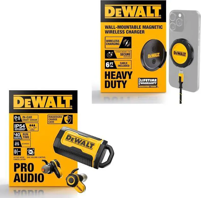 Main image of DEWALT Pro Power Bundle: Bluetooth ANC Work Earbuds with Dial Control + 15W Wireless Wall Charger for iPhone