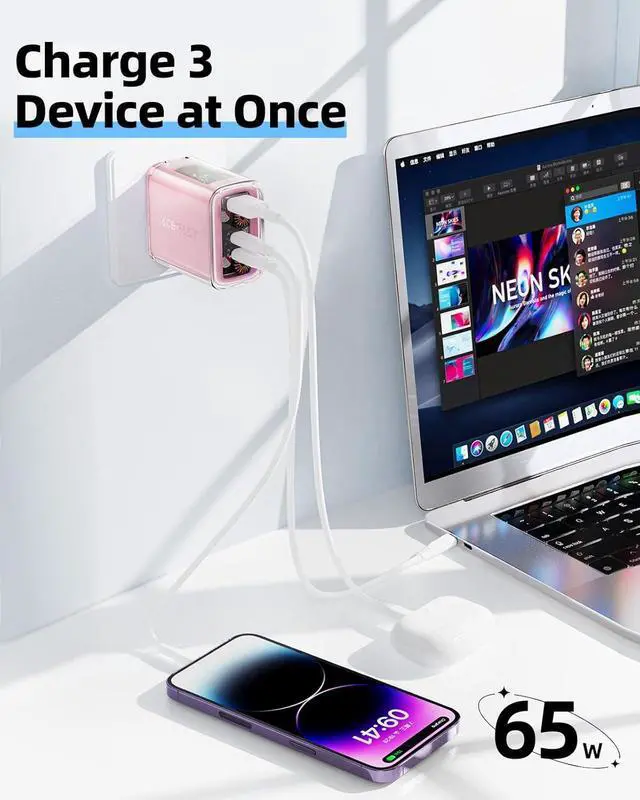 Alt view image 7 of 7 - ACEFAST Blush Pink Set- Acefit Pro and a 65W GaN Fast Charger with 3 Ports