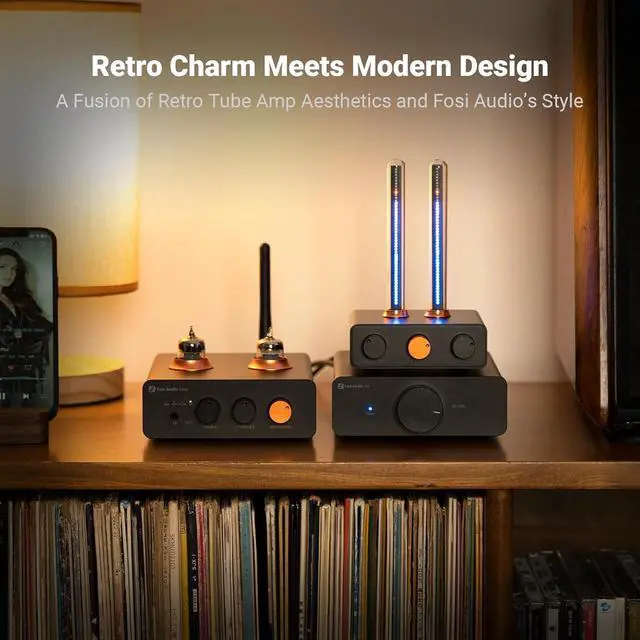 Alt view image 3 of 6 - Fosi Audio Music Visualizer, Sound Pickup Spectrum Analyzer, Vintage Tube RGB Ambient Light and GR40 Tube Preamplifier with DAC, Stereo Headphone Amplifier 3.5mm Home Audio for Active Speakers/Headpho