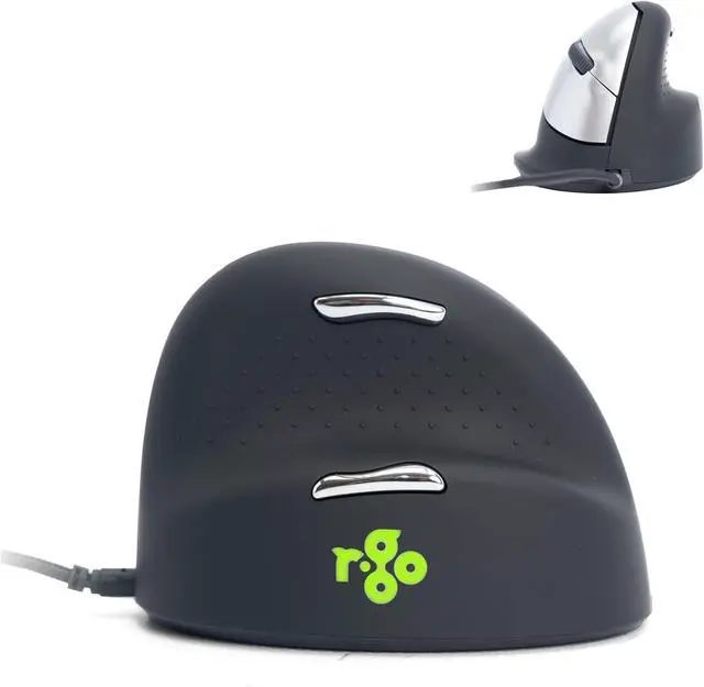 Main image of R-Go HE Vertical Ergonomic Mouse, with Break Software, USB-C Wired (USB A Converter), Prevents Tennis Elbow/Mouse Arm RSI, Silent Click, 5 Buttons - for Windows/MacOS, Black/Silver