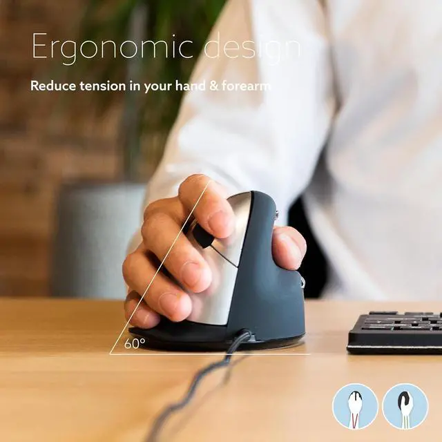 Alt view image 2 of 6 - R-Go HE Vertical Ergonomic Mouse, with Break Software, USB-C Wired (USB A Converter), Prevents Tennis Elbow/Mouse Arm RSI, Silent Click, 5 Buttons - for Windows/MacOS, Black/Silver