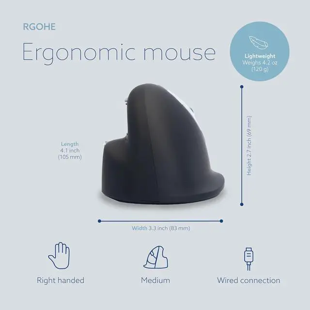 Alt view image 3 of 6 - R-Go HE Vertical Ergonomic Mouse, with Break Software, USB-C Wired (USB A Converter), Prevents Tennis Elbow/Mouse Arm RSI, Silent Click, 5 Buttons - for Windows/MacOS, Black/Silver