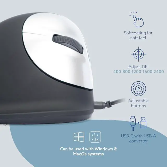 Alt view image 5 of 6 - R-Go HE Vertical Ergonomic Mouse, with Break Software, USB-C Wired (USB A Converter), Prevents Tennis Elbow/Mouse Arm RSI, Silent Click, 5 Buttons - for Windows/MacOS, Black/Silver