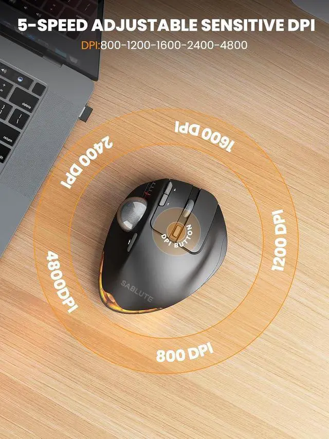 Alt view image 5 of 7 - SABLUTE Wireless Trackball Mouse, Ergonomic Bluetooth Rechargeable Computer Mouse, Backlit Rollerball Thumb Laptop mice with 5 Level DPI, Adjustable Angle, 3 Devices Connection for PC, Mac, Windows