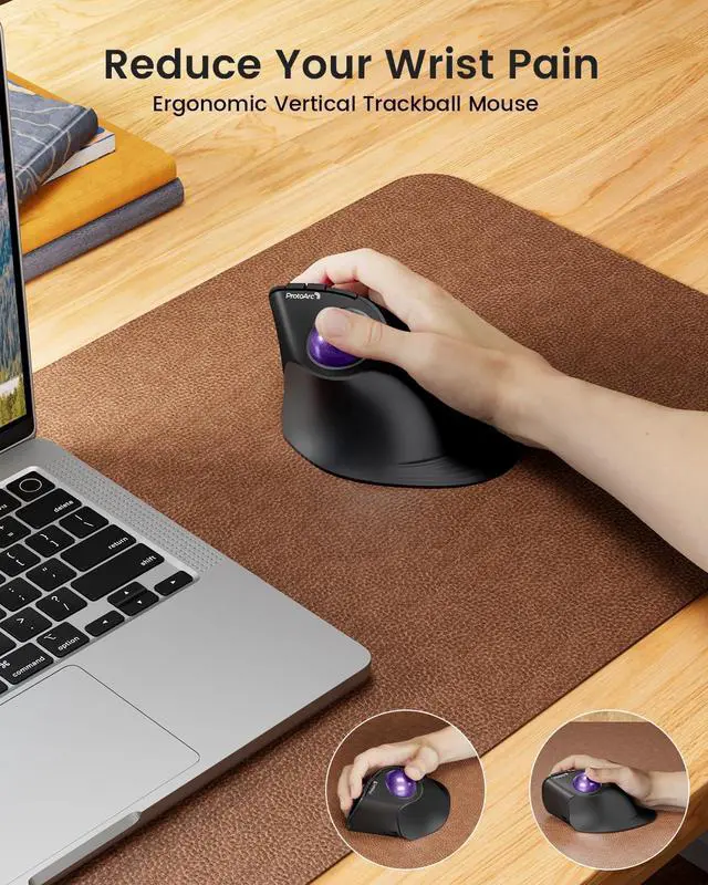 Alt view image 2 of 7 - ProtoArc Vertical Wireless Trackball Mouse, EM05 NL Bluetooth Ergonomic Rollerball Mouse Rechargeable Computer Laptop Thumb Mice, 3 Device Connection, Compatible with iPad, Mac, Windows, PC-Purple