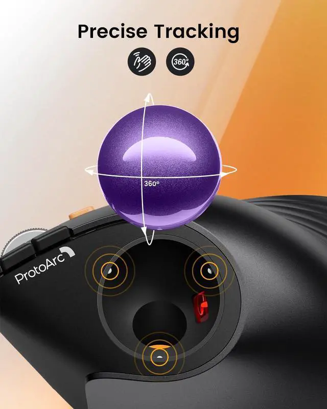 Alt view image 5 of 7 - ProtoArc Vertical Wireless Trackball Mouse, EM05 NL Bluetooth Ergonomic Rollerball Mouse Rechargeable Computer Laptop Thumb Mice, 3 Device Connection, Compatible with iPad, Mac, Windows, PC-Purple