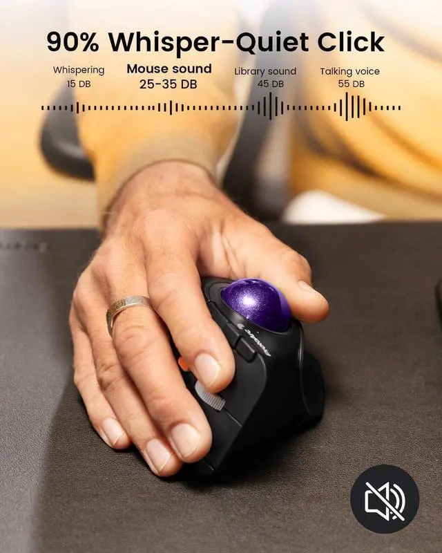 Alt view image 6 of 7 - ProtoArc Vertical Wireless Trackball Mouse, EM05 NL Bluetooth Ergonomic Rollerball Mouse Rechargeable Computer Laptop Thumb Mice, 3 Device Connection, Compatible with iPad, Mac, Windows, PC-Purple