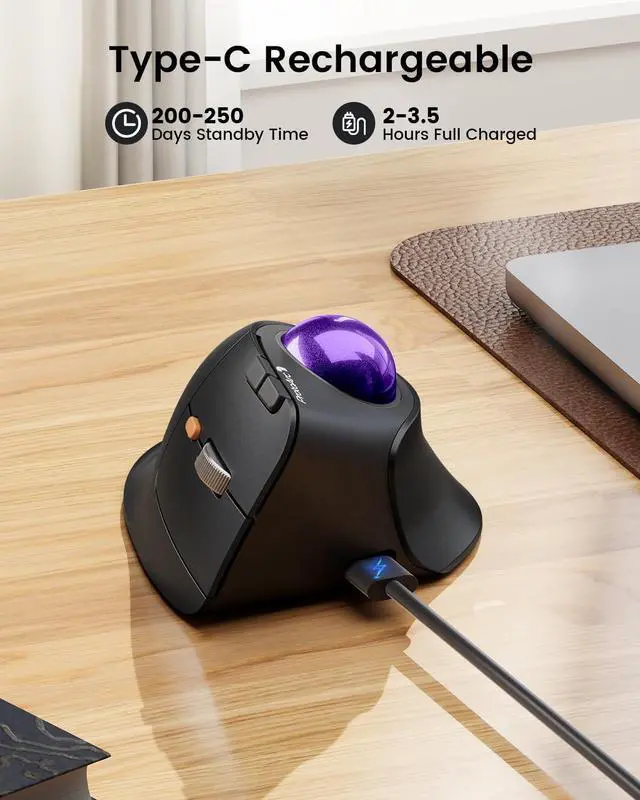Alt view image 7 of 7 - ProtoArc Vertical Wireless Trackball Mouse, EM05 NL Bluetooth Ergonomic Rollerball Mouse Rechargeable Computer Laptop Thumb Mice, 3 Device Connection, Compatible with iPad, Mac, Windows, PC-Purple