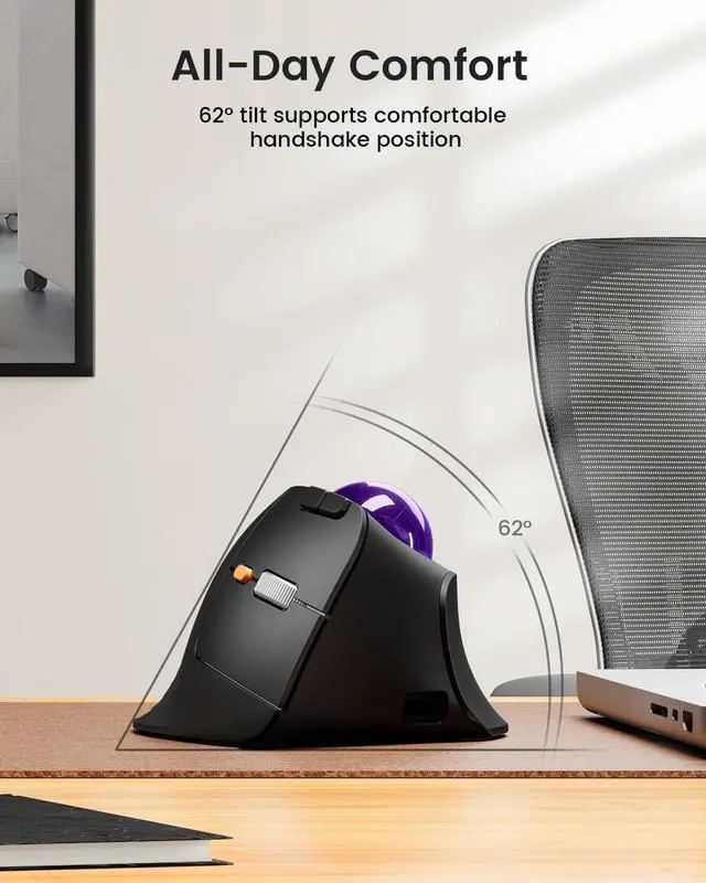 Alt view image 3 of 7 - ProtoArc Vertical Wireless Trackball Mouse, EM05 NL Bluetooth Ergonomic Rollerball Mouse Rechargeable Computer Laptop Thumb Mice, 3 Device Connection, Compatible with iPad, Mac, Windows, PC-Purple