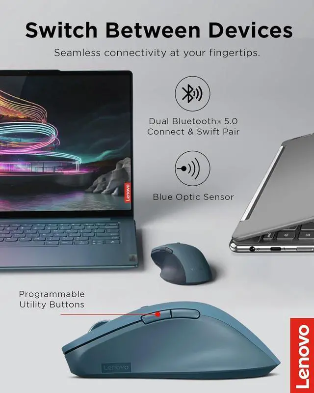 Alt view image 3 of 7 - Lenovo Yoga Pro Mouse, Bluetooth, USB-C Rechargable, Dual Mode Bluetooth, 6 Button, Right Handed Design, Ergonomic Design, Programmable Buttons, 2-Way Metal Scroll Wheel, Tidal Teal